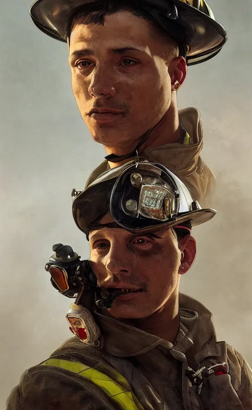 Image similar to portrait of a male firefighter wearing a firefighter suit, bruised, covered in dirt, confident and proud, intricate, headshot, highly detailed, digital painting, artstation, concept art, sharp focus, cinematic lighting, illustration, art by artgerm and greg rutkowski, alphonse mucha, cgsociety