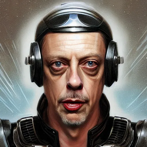 Image similar to portrait of steve buscemi as a helmetless mandalorian, helmet off, fantasy, intricate, elegant, digital painting, trending on artstation, concept art, soft focus, illustration by greg rutkowski, gaston bussiere and artgerm.