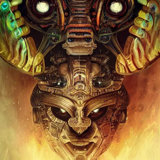 Image similar to An Alien Robot Mayan Ruler, facial tattoos, artists portrait, biomechanical, wild jungle, fantasy, highly detailed, digital painting, concept art, sharp focus, depth of field blur, illustration, art by artgerm and greg rutkowski and alphonse mucha