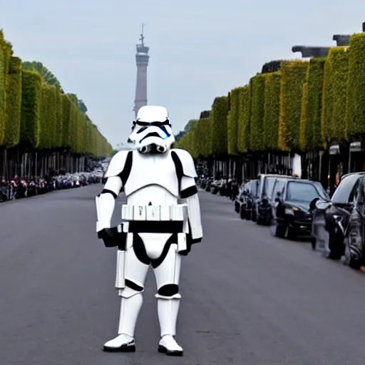 Image similar to Stormtrooper walks in the avenue des champs elysée