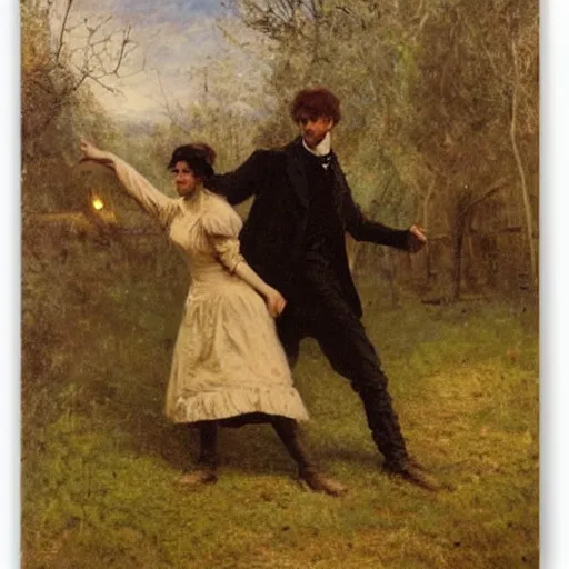 Image similar to young victorian man and woman traversing a dark maze, by alfred stevens