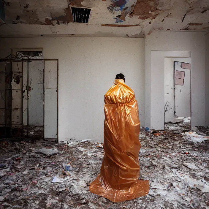 Prompt: a color photograph, closeup portrait of a woman wrapped in plastic, standing in an abandoned daycare, color photograph, by vincent desiderio, canon eos c 3 0 0, ƒ 1. 8, 3 5 mm, 8 k, medium - format print