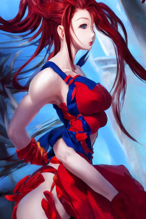 Image similar to Mai Shiranui in red rim light using a pale blue summer dress in a blade and soul spinoff artbook rendered by the artist Taran Fiddler, Joe Madureira, Nadezhda Tikhomirova, Jiyun Chae, Lê Long, trending on Artstation by Hyung Tae Kim, artbook, Stanley Artgerm Lau, WLOP, Rossdraws , James Gurney