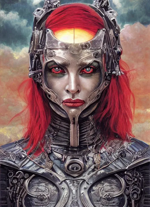 Prompt: symmetry! middle closeup of a biblical diabolical pirate girl! stylish cyborg mimick armor, heavy eyes to the side, closeup, bright glowing eyes, in clouds, rain, sunset, portrait, by gerald brom, by mikhail vrubel, by peter elson, muted colors, extreme detail, mirrors, trending on artstation, 8 k
