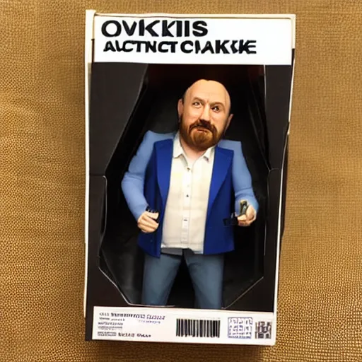 Prompt: louis ck action figure original packaging with accessories