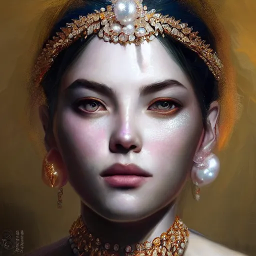 Image similar to a beautiful portrait of a pearl goddess with glittering skin, a detailed painting by greg rutkowski and raymond swanland, featured on cgsociety, fantasy art, detailed painting, artstation hd, photorealistic