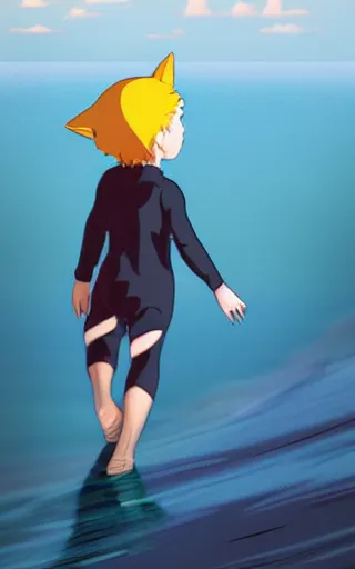 Image similar to little boy with cat ears wearing an latex suit with cape walking on ocean. digital painting made by makoto shinkai and james jean, perfect composition