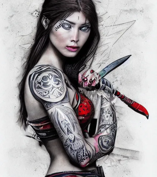 Image similar to tattoo design of a hyper realistic beautiful girl warrior, hyper detailed, inspired by eliot kohek, on white background