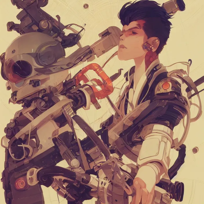 Image similar to anime portrait space pirate captain, futuristic science fiction, mucha, hard shadows and strong rim light, art by jc leyendecker and atey ghailan and sachin teng