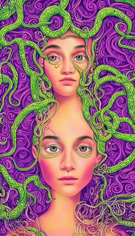 Image similar to very detailed portrait of a 2 0 years old girl surrounded by tentacles, the youg woman visage is blooming from fractal and vines, by lisa frank,