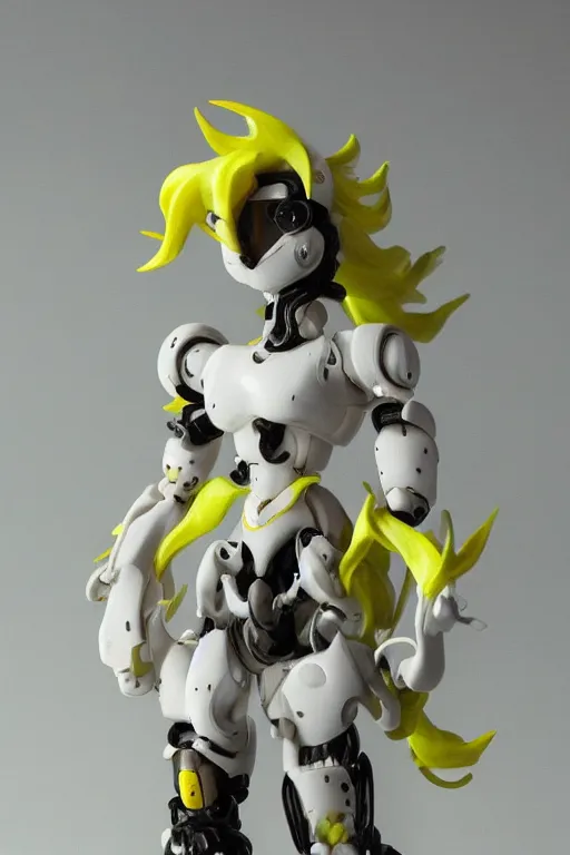 Prompt: a intricate anime figurine that looks like a white plastic anime robot with fluo colored details covered in yellow smoke, moody light, flemish painting