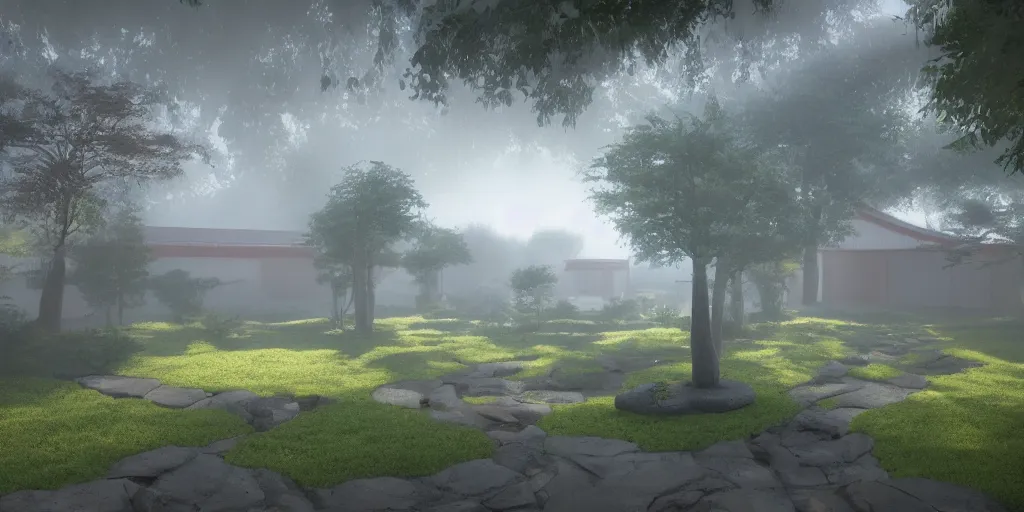 Image similar to i, a detailed Japanese yard in the morning mist with sunshine, 8k, high definition, trending on artstation