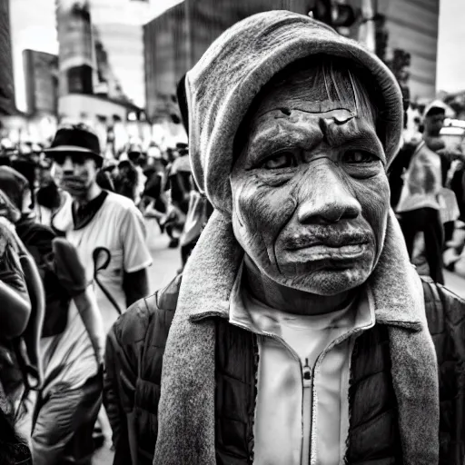 Prompt: hunnic protester face photo black and white wide angle lense