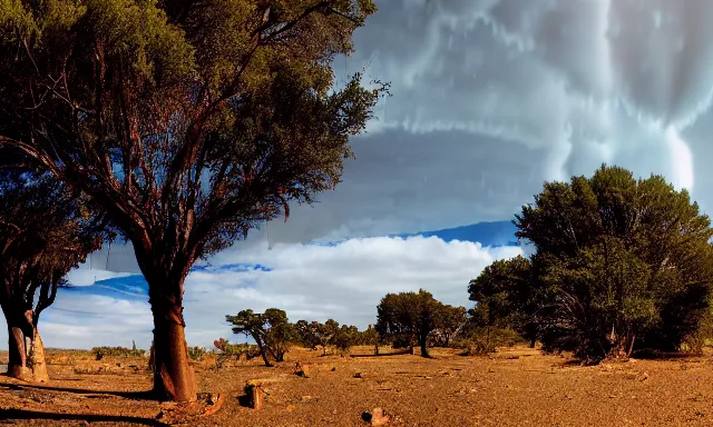 Image similar to panorama of big raindrops flying upwards into the perfect cloudless blue sky from a dried up river in a desolate land, dead trees, blue sky, hot and sunny highly-detailed, elegant, dramatic lighting, artstation, 4k, cinematic landscape, photograph by National Geographic
