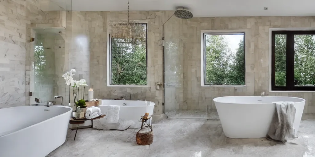 Premium AI Image  A bathroom with a white bathtub and candles on the floor.