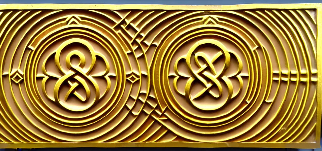 Image similar to ornate bold high - relief deep carving of infinity symbols on a gold panel, art deco