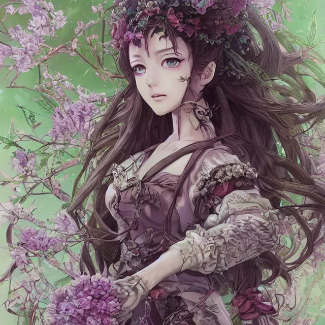 Image similar to the portrait of chaotic good female druid botanist as absurdly beautiful, gorgeous, elegant, young anime girl, an ultrafine hyperdetailed illustration by kim jung gi, irakli nadar, intricate linework, sharp focus, bright colors, octopath traveler, final fantasy, unreal engine 5 highly rendered, global illumination, radiant light, detailed and intricate environment