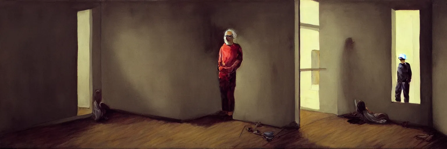 Image similar to weird and disturbing portrait of todd solondz standing alone in an empty appartment, vivid colors, neon, art by gregory crewdson and francis bacon and artgerm and wlop and william - adolphe bouguereau