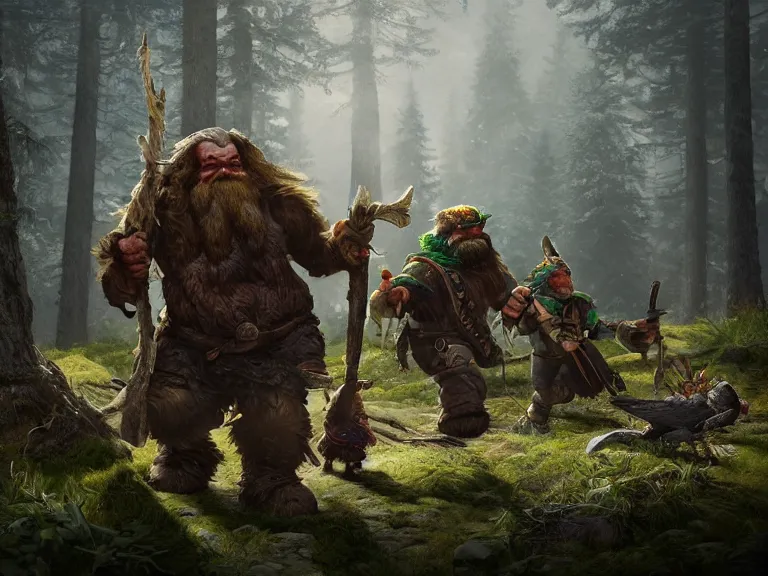 Image similar to Heroic Dwarf woodsmen treading forest with their Companion Raven, RPG Scene, Oil Painting, Trending on Artstation, octane render, Insanely Detailed, 8k, HD