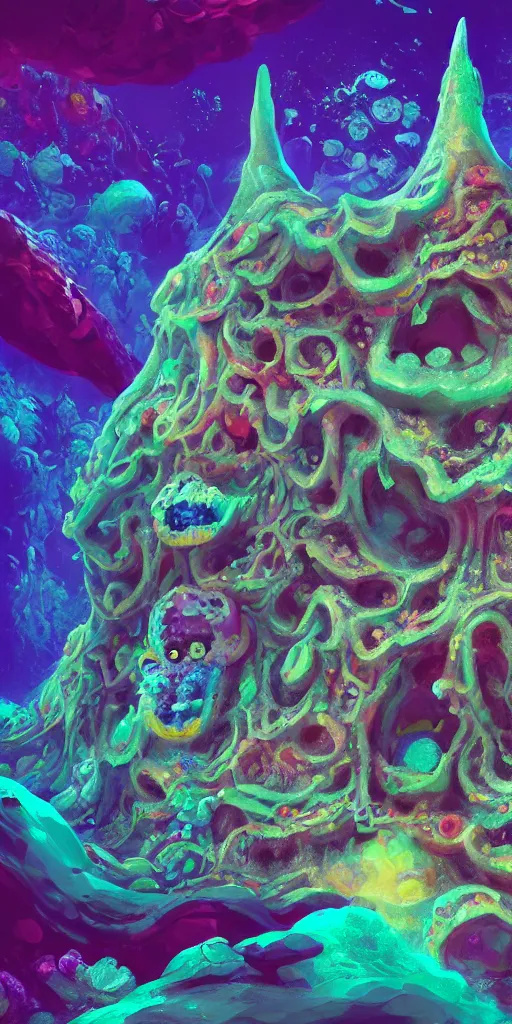 Image similar to of a colorful deep sea cave with strange cute friendly happy creatures with huge eyes, mouth, long tongue and round teeth appearing from sandy coral, in the style of gehry and gaudi, macro lens, shallow depth of field, ultra detailed, digital painting, trending artstation, concept art, illustration, cinematic lighting, photorealism, epic, octane render