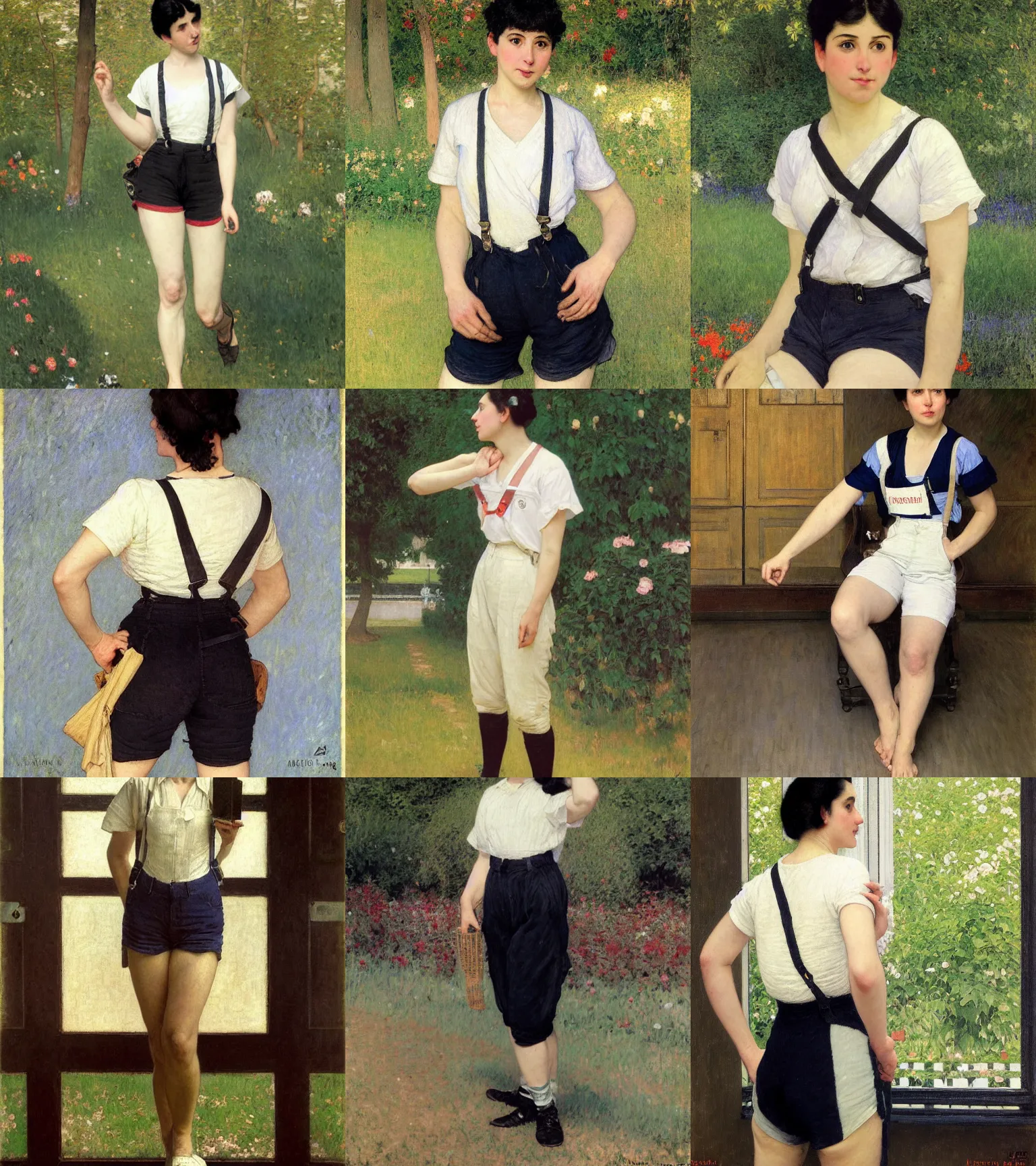 Prompt: a woman with medium short black hair in shorts with suspenders and white t-shirt drawn by gustave caillebotte, norman rockwell, william adolphe bouguereau, peter paul rubens, alphonse mucha, gustav klimt 4k, unreal 5, DAZ, french noveau, trending on artstation, octane render, hyperrealistic