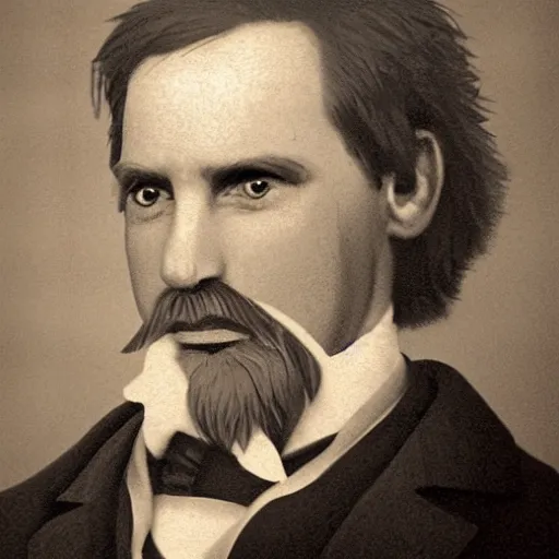 Image similar to A photograph portrait of Jerma985 with a pyramidal mustache in the early 1800s, taken in the early 1800s, 1840s, grainy, taken on a Field View Camera, realistic, hyperrealistic, very realistic, highly detailed, very detailed, extremely detailed, detailed, digital art, trending on artstation