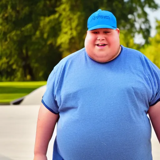 Image similar to very obese man with a t-shirt and blue cap with the letter P, skateboarding