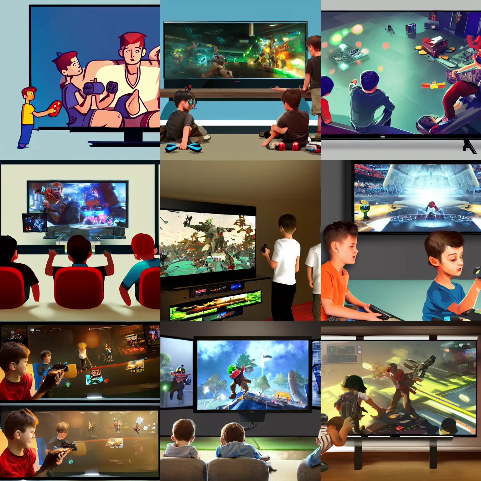 Prompt: three boys playing video games on big screen, artstation