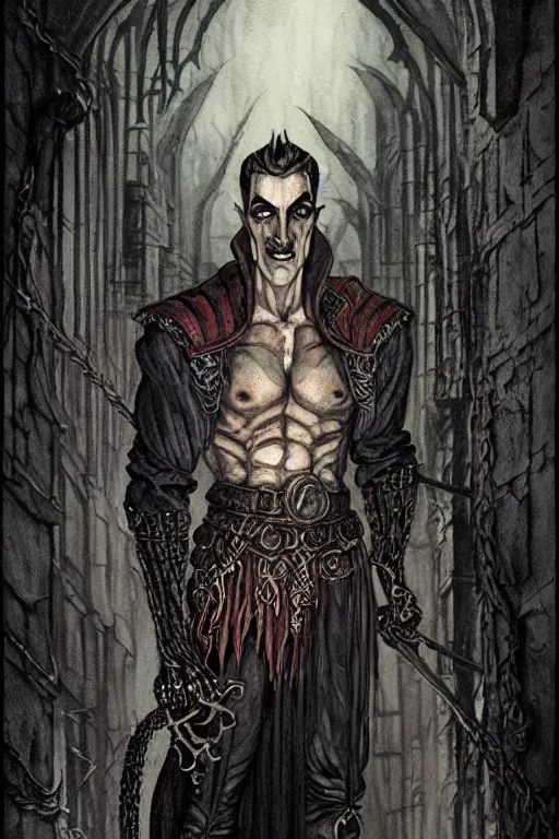 Prompt: portrait of a muscular strahd the vampire in a dark alleyway, fantasy, intricate, elegant, highly detailed, digital painting, artstation, concept art, matte, sharp focus, illustration, art by kay nielsen and walter crane, illustration style, watercolor