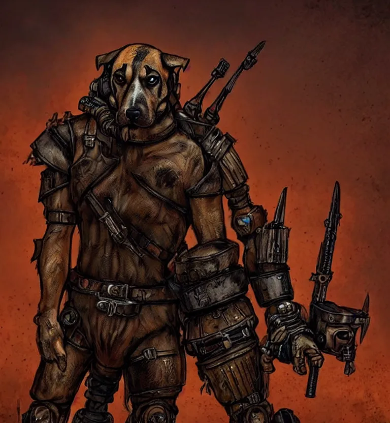 Image similar to a good ol'hound dog fursona ( from the furry fandom ), heavily armed and armored facing down armageddon in a dark and gritty version from the makers of mad max : fury road. witness me.