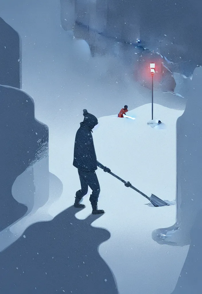 Image similar to by moebius and atey ghailan | a person barely visible shoveling snow in a blizzard |