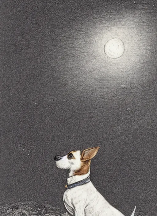 Prompt: candid portrait of jack russel dog looking up, from behind, night sky, highly detailed, side view, illustrated by peggy fortnum and beatrix potter and sir john tenniel