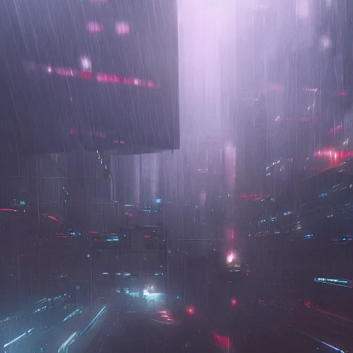 Image similar to rain, giant futuristic cyberpunk spaceship flying, blade runner, dense fog, bloom, cinematic contrasted lighting, ultra detailed, trending on artstation