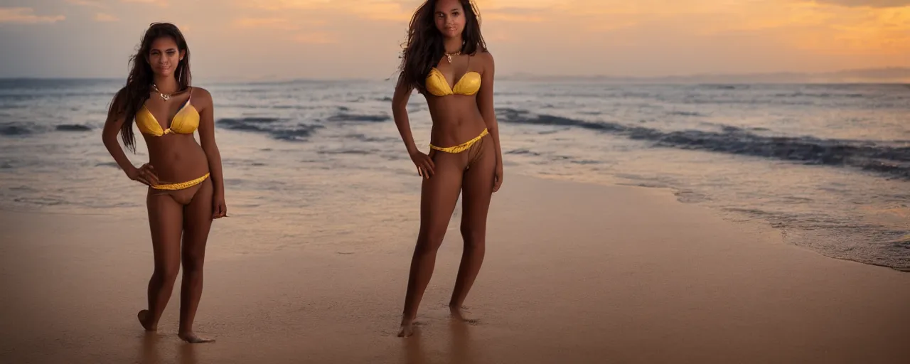 Prompt: a beautiful full body portrait of a beautiful warm Brazilian girl, beautiful detailed eyes, golden hour, standing on a beach in Boracay, outdoors, professional award winning portrait photography, Zeiss 150mm f/ 2.8 Hasselblad