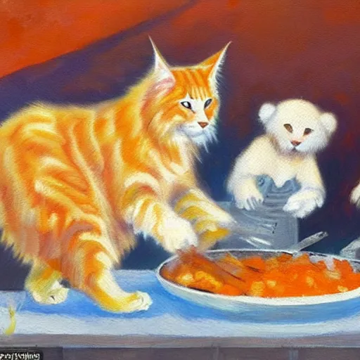 Prompt: beautiful impressionist painting of a orange maine coon with a white bears cooking some sausages on a pan