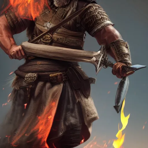 Image similar to adventurer with many weapons strapped to back surrounded by fire, D&D character, 4k, dramatic lighting, incredibly detailed