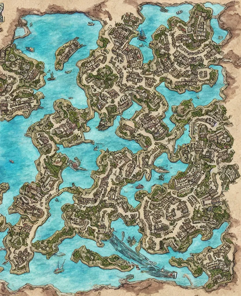 Image similar to dnd shoreline port town and docks with islands, hand painted and drawn map