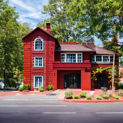 Image similar to tall 4 story house with blue wooden facade with dark red bricks on the roof in a valley