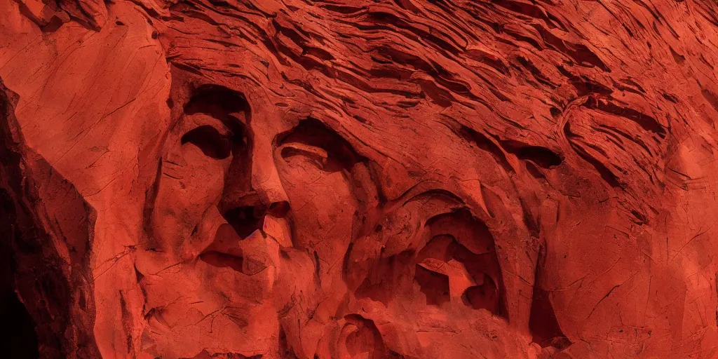 Image similar to an ancient red mountain carved into the face of priestess, sci - fi, landscape, fantasy