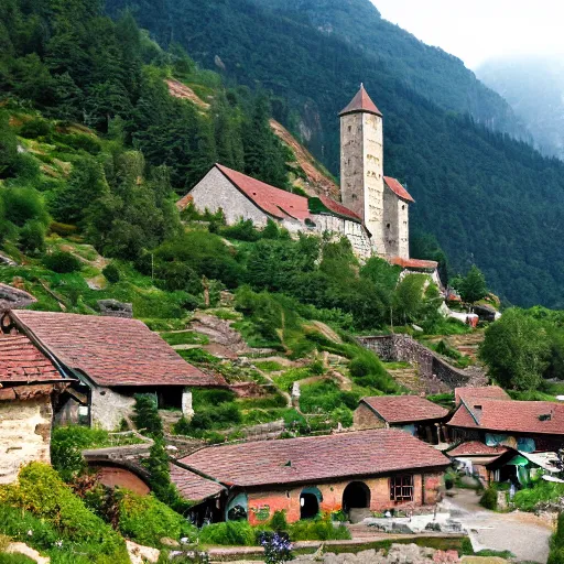 Prompt: medieval village in a mountain valley