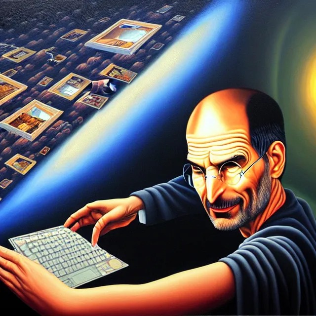 Image similar to an oil on canvas portrait painting of steve jobs, surrealism, surrealist, cosmic horror, rob gonsalves, high detail