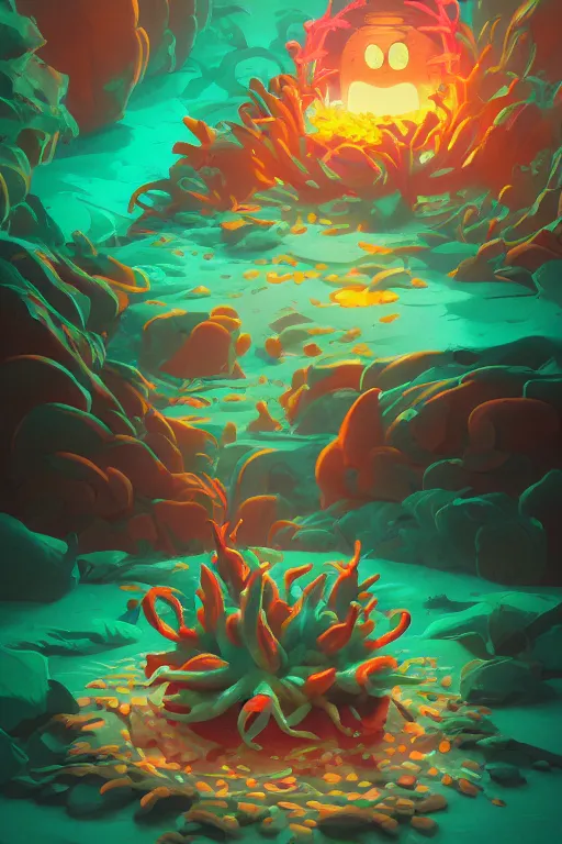 Image similar to roots cactus sushi cristal smurf ghost creature animal sushi cristal very big eye roots cactus elemental flush of force nature micro world fluo fishscale, behance hd by jesper ejsing, by rhads, makoto shinkai and lois van baarle, ilya kuvshinov, rossdraws radiating a glowing aura global illumination ray tracing hdr