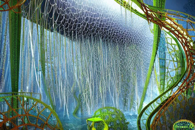 Image similar to favela jellyfish cathedral coaster hive, art nouveau waterfall environment, industrial factory, terrifying, award winning art, epic dreamlike fantasy landscape, ultra realistic,