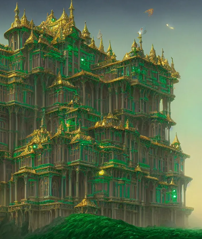 Image similar to a detailed digital painting of a palace made of gleaming emeralds, by moebius and tyler edlin and lee madgwick, trending on artstation, digital art, 4 k resolution, detailed, beautiful render, octane render, high quality, sharp focus, hq artwork, coherent, insane detail, concept art
