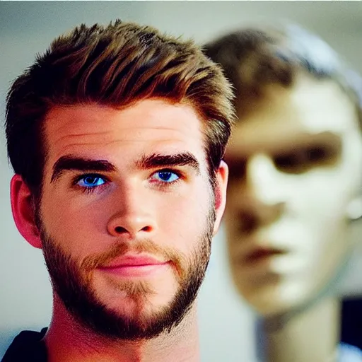 Image similar to “a realistic detailed photo of a guy who is an attractive humanoid who is half robot and half humanoid, who is a male android, actor Liam Hemsworth, shiny skin, posing like a statue, blank stare, at the museum, on display”