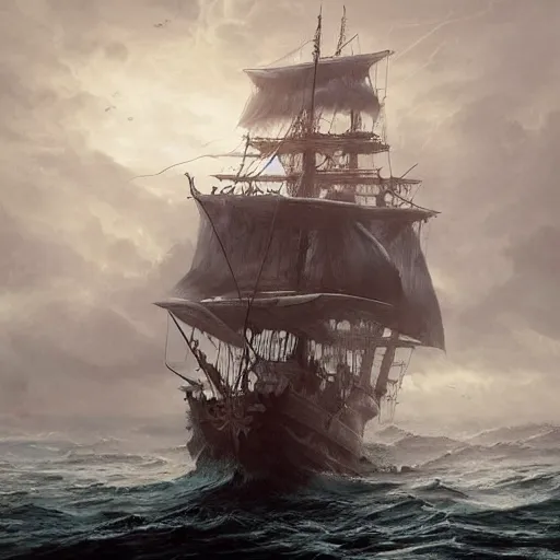 Image similar to A pirate ship in the middle of the sea during a storm, fantasy art, in the style of greg rutkowski, illustration, epic, fantasy, intricate, hyper detailed, artstation, concept art, smooth, sharp focus, ray tracing