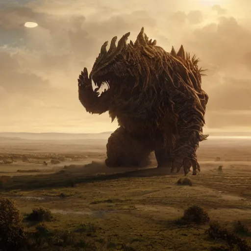 Prompt: enormous creature towering over the plains, seen from a distance, volumetric lighting, 8 k octane beautifully detailed render, post - processing, extremely hyper - detailed, intricate, epic composition, cinematic lighting, masterpiece, trending on artstation, masterpiece, stunning art by anders zorn, wonderful masterpiece by greg rutkowski, beautiful cinematic