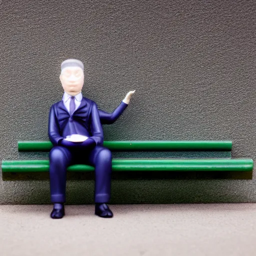 Image similar to macro photography of a tiny plastic depressed man in a suit, sitting on a bench with his cat, 3 5 mm macro shot,