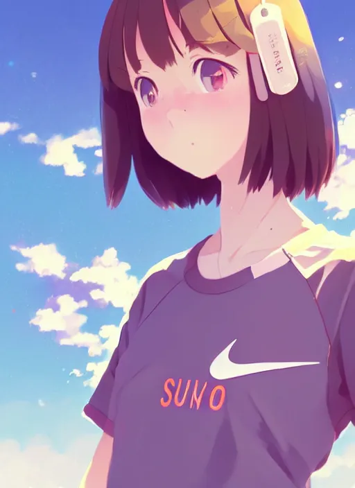 Image similar to portrait of cute high school runner girl, sunny sky background stadium landscape illustration concept art anime key visual trending pixiv fanbox by wlop and greg rutkowski and makoto shinkai and studio ghibli and kyoto animation symmetrical facial features short down hair sports clothing marathon race nike shirt