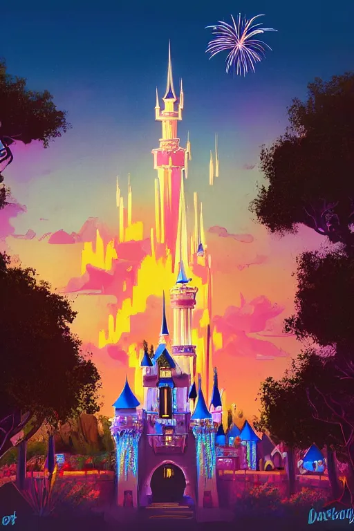 Image similar to concept art of disneyland castle, synthwave, sunset, fireworks, neon